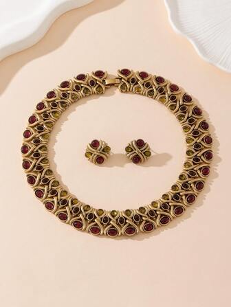 1pc Fashionable Jewelry Series Necklace, 1 Pair Fashionable Jewelry Series Earrings, Copper Alloy Material Plated Vintage Gold, Suitable For Daily Wear, Gifts For Friends, Holidays, Parties And Special Occasions, Retro European And American Style, Suitable For Any Occasion Such As Birthday, Valentine's Day, Mother's Day, Engagement, Commitment, Holiday Christmas, New Year, Glittering, Clothing, Wedding, Anniversary, Elegant And Refined For Men, Women, Moms, Wives, Daughters, Aunts, Best Friends, Grandmothers, Sisters, Teenagers, Etc.