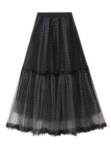 Women's Spring A-Line Skirt Elastic Band Long Dot Print Tulle Skirt For Travel, Beach, Shopping - Black - View 6