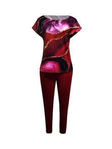 2pcs Set: Casual Printed Short Sleeve T-Shirt & Long Pants - Burgundy - View 3