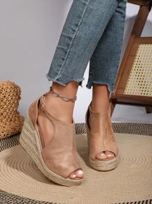 毛绒时尚露趾带扣高跟绳坡跟鞋封闭式鞋头女鞋 - 駝色 - 查看 3