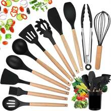 12 Piece Silicone Kitchen Utensil Set, Cooking Utensil Set With Wooden Handle And Storage Bucket Set Of Spatula, Shovel, Spoon, Whisk, Heat Resistant And Non-Stick Tongs. Household Items - 黑色 - 查看 6