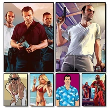 1 pièce Affiche murale avec cadre en option, Pop Art GTA 5 Vices, la capitale sainte, 5 stars, bon citoyen, trio de voyous, photo de groupe magnifique. Collection d'affiches artistiques à décorer la salle de jeu. Peinture HD cadeau de décoration