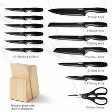 CAROTE 11 Pieces Knife Set With Block For Kitchen, Stainless Steel Razor-Sharp Blade, Triple Riveted Ergonomic Handle, Wooden Magnetic Block, Essential Knife Block Set, Beigeprompt Goods - Black - View 2