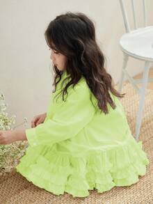 Vestido de línea A con mangas largas, volantes y plisados para niñas, primavera y otoño - Verde - Ver 3