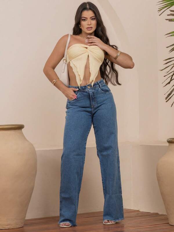 Calça Jeans Feminino Wide Leg Marmorizada Cintura Alta 100% Jeans Desfiada