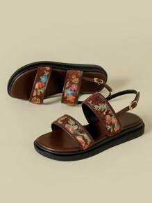 Women's Thick Sole Strap Sandals, Bohemian Ditsy Floral, Comfortable Platform Wedge Casual Summer Beach Shoes, Random Colorful Flower Pattern, Coffee Brown Asymmetrical Floral, Hollow Strap Roman Sandals, Plus Size 41-43 - Coffee Brown - View 4