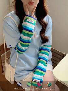 1 双女士宽松轻薄条纹防晒袖套，透气防晒，适合春夏季节，防紫外线驾驶袖套，旅行，节日，手套，派对 - 字母標條紋冰袖 - 查看 17