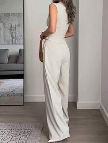 Elegant Women 2pcs/Set Solid Colour T-Shirt And Wide Leg Pants Suit - Apricot - View 2