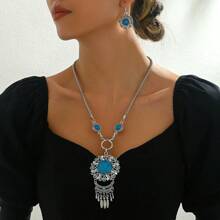 1 Set Boho Style Necklace & Earring, Tasseled Metal Inlaid Turquoise - Blue - View 4