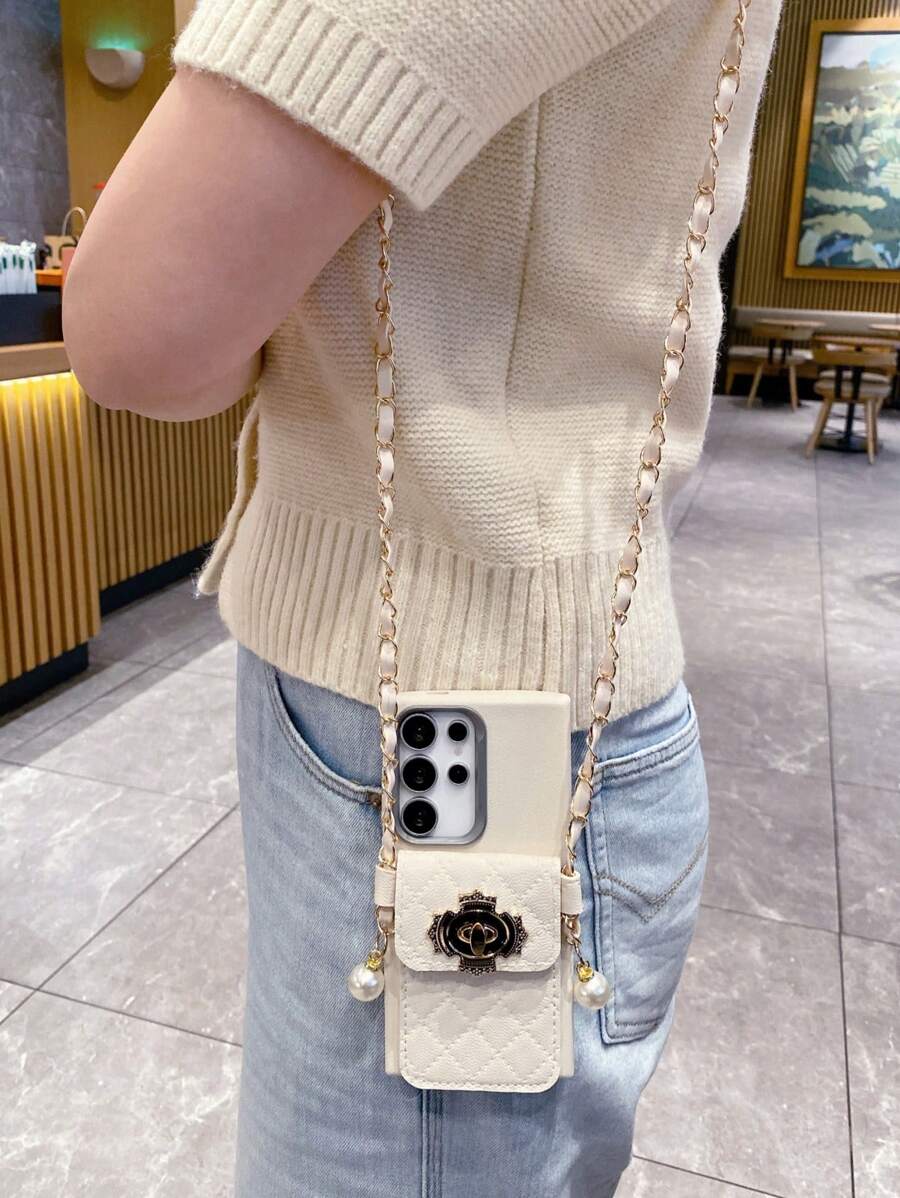 Leather Pearl Cardholder Phone Cases 1 Set Fashionable Shoulder/Cross-Body Beige Beige Leather-Look Faux Pearl Chain Wallet/Card Holder & Leather-Look Phone Case Compatible With Samsung, Compatible With Redmi, Compatible With Oppo, Compatible With Vivo, Waterproof Shockproof Anti-Fall Scratch Resistant, International Version, Not The Domestic Version Spring Gift Party - Beige - View 1