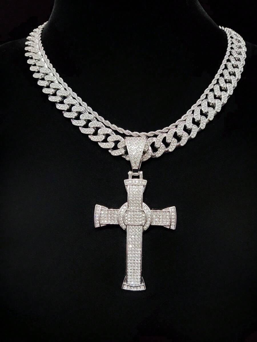 1 Pingente em forma de cruz de hip hop e corrente cubana de Miami, colar com pingente de hip hop unissex da moda, adequado para uso diário ou festas, 2 estilos de corrente disponíveis