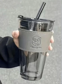 1 件琥珀色鹿形玻璃杯，带吸管和保护套，非常适合盛放咖啡和饮料