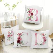 1pc Alphabet Floral Pillow Cover - A To Z English Letters Pink Print, 18x18 Inches - Contemporary Throw Pillow Case For Sofa, Living Room, Bedroom Decor - Single-Sided Printing, No Insert - For Home Decor Enthusiasts