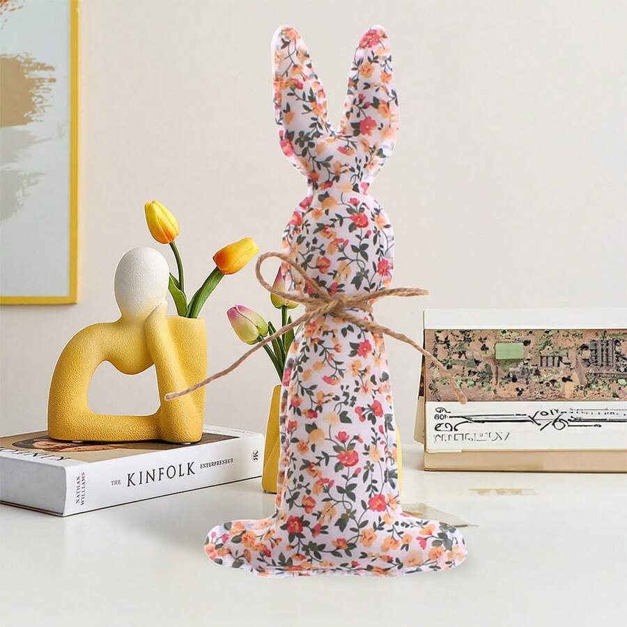 Decoraciones de mesa de Pascua con lindos conejitos de tela con estampado de lunares, flores y cuadros, centros de mesa para decoración de fiestas en casa. - Blanco - Ver 1