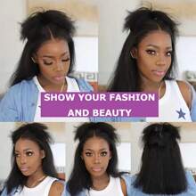 Uveous 42inch 250% Density Short Bob Kinky Straight Wig With Baby Hair - 13x4 HD Lace Front Human Hair Wig For Yaki Straight, Pre-Plucked, Elegant & Natural Look, Suitable For All Ethnicities, Short Hair Wig - 黑色 - 查看 7