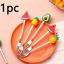 3pcs-Cute Cartoon Fruit Fork Set, Stainless Steel, Multiple Colors, Perfect For Desserts And Cakes, Kitchen And Cutlery,School Supplies