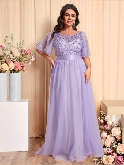 EVERPRETTY 大码女式圆领碎花亮片网纱浅紫色伴娘礼服，短袖，适合秋冬季晚宴、情人节等场合。