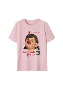 Camiseta casual de cuello redondo de manga corta con estampado de niña para mujer, primavera y verano