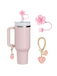 兼容 杯配件 1 件黑粉色吸管盖，用于杯吸管盖，1 件可爱心形字母和圆形字母饰物，适用于 30&40 盎司带手柄玻璃杯，字母饰物配件的长度为 3.94 英寸。个性化字母配件