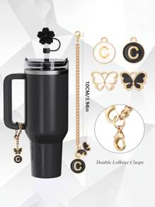 兼容 杯配件 1 件黑粉色吸管盖，用于杯吸管盖，1 件可爱心形字母和圆形字母饰物，适用于 30&40 盎司带手柄玻璃杯，字母饰物配件的长度为 3.94 英寸。个性化字母配件