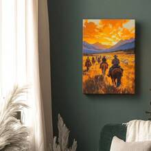 1pc Western Wall Art Framed Canvas Wall Art Poster Neutral People Riding Horses In A Field Wall Art For Living Room Bedroom Bathroom Kitchen Apartment Hotel, Artful Home Decoration - Framed, Vertical