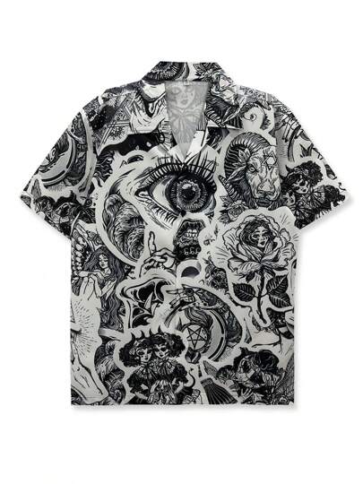 Camisa de playa floral para hombre, graffiti vintage minimalista negro casual de verano XS-XXL