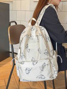1pc White Nylon Casual Lightweight Butterfly Allover Print Large Capacity Foldable Water-Resistant Multipocket Zipper Backpack, Suitable For Teenagers, High School & College Students, Daily Commute, Travel, Graduation Gift