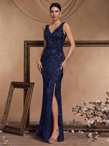 Elisanya Elegante vestido de noche de lujo con cola de sirena y escote en V con lentejuelas, vestido formal de alta calidad con estiramiento para banquete, boda, fiesta, vestido de madre de la novia (muy adornado), para invitados de boda