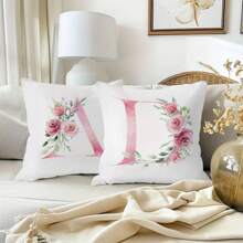 1pc Alphabet Floral Pillow Cover - A To Z English Letters Pink Print, 18x18 Inches - Contemporary Throw Pillow Case For Sofa, Living Room, Bedroom Decor - Single-Sided Printing, No Insert - For Home Decor Enthusiasts