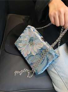 Embroidered Ladies Crossbody Bag With Metal Chain, Versatile Shoulder/Crossbody, Small Square Floral Print Pattern Box Design - Blue - View 3