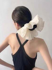 1pc Blue Striped Ruffle Cream Satin Scrunchie, Large Size High Elasticity Wrinkled Double Layer Hair Ties, Elegant Stylish Sweet Hair Accessories For Women