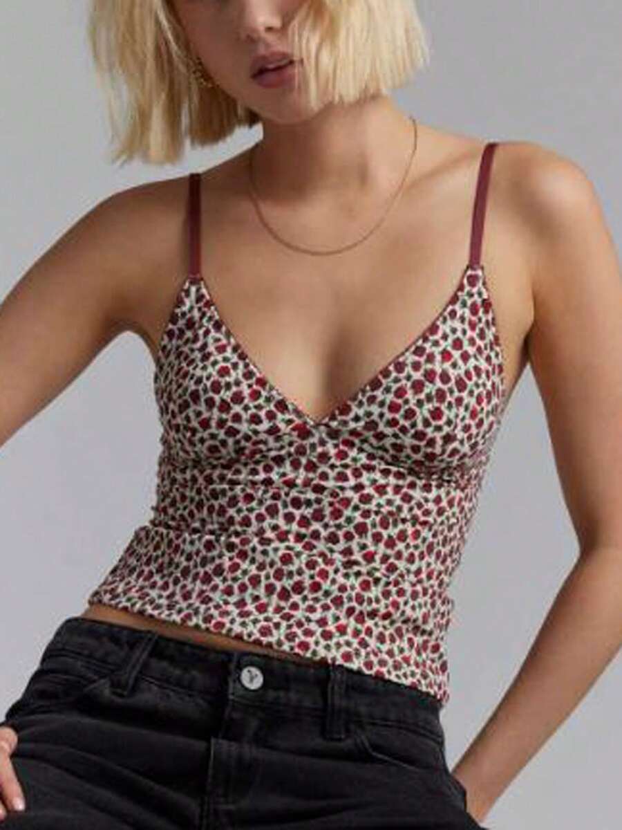 Women Crop Camisole Tops Slim Leopard/Dot/Contrast/Plaid V Neck Spaghetti Strap Tops Summer Streetwear - 紅色 - 查看 1