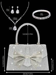 闪亮优雅的迷你蝴蝶结女士晚装包，搭配精致奢华的水钻手链、项链和耳环四件套，简约时尚的纯色褶皱翻盖手提包，适合节日派对、舞会、聚会、宴会、婚礼，是新年的最佳礼物。 - 銀色 - 查看 4