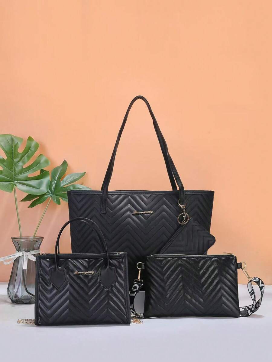 Women's Fashion Office Commute New Design Handbag, Crossbody Bag, Shoulder Bag, Micro Casual Tote Bag Combo Set - Black - View 1