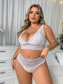 Plus Size 2pcs Set Deep V Lace Women Lingerie Set Hollow Transparent Sexy Underwear