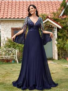 Elegant Beaded Sequin V-Neck Chiffon Long Evening Gown, High-End Formal Dress With High Slit Long Sleeve For Banquet, Wedding Party, Graduation, Bridesmaid, Mother Of The Bride, For Wedding Guest - 藏蓝色 - 查看 1
