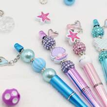 8 قطع/9 قطع قلم مرصع بخرز أزرق وبنفسجي بتدرج اللون بتصميم الحورية، مجموعة تشمل خرز أكريليك ملون بالبريق وقلادات ذيل السمكة، لوازم مكتبية وتعليمية إبداعية، هدية مكافأة