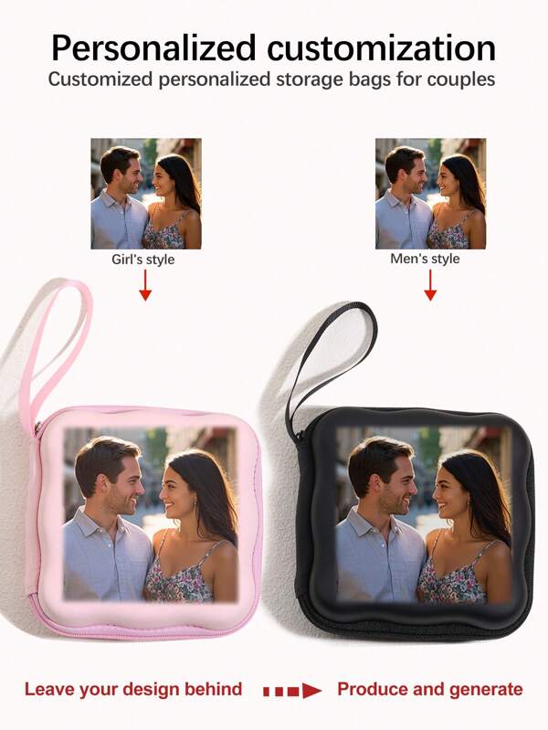 (Customized For Couples) 2 Pieces Picture Set, Custom Printing, DIY Storage Bag, Exclusive Pattern Customization, Zipper Bag, Storage Box, Lightweight Storage Bag, Multifunctional Square Large Capacity Zipper Storage Bag, Portable Data Cable Travel Storage Bag, Square Wave Style