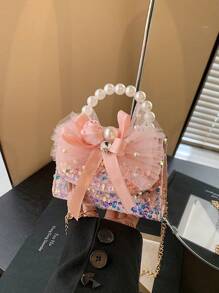 1pc Style Children'S Bag Fashionable Sequins Beaded Small Square Bag Bow Princess Girl Crossbody Coin Purse Children'S Bag New Bow Sequins Pearl Handbag Girl Princess Chain Crossbody Bag Accessories Bag Is Very Suitable As A Surprise Gift For Children - Pearl Handbag - View 6