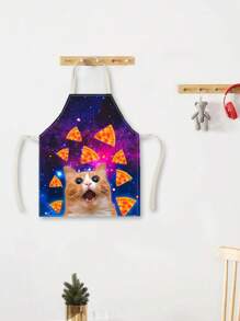 1 pieza Delantal de babero con estampado de gato espacio pizza meme creativo y de moda, unisex, para mujeres, hombres, chef, cocina, divertido, animal, horneado