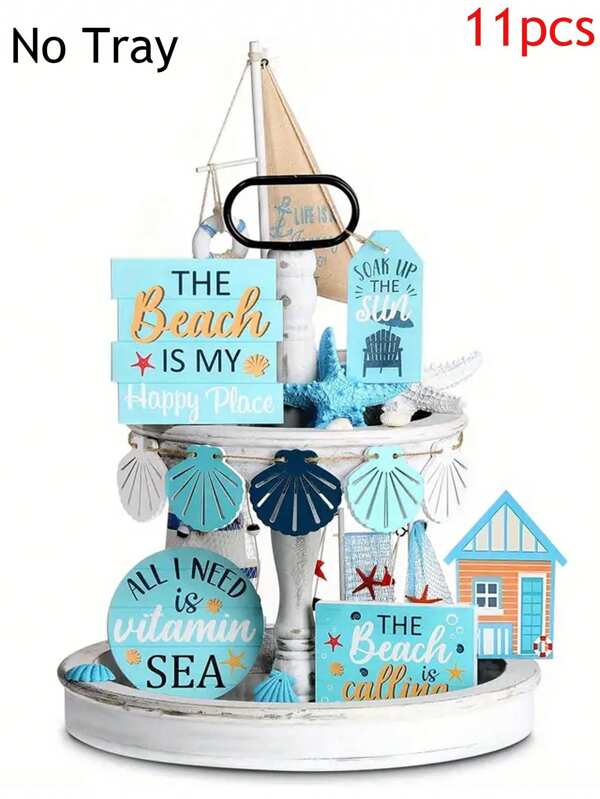 11pcs Summer Beach Themed Tiered Tray Decor, Farmhouse Ocean Style Wood Sign, Rustic Beach Tiered Tray Decorations For Kitchen Table Shelf, Home Decor, Party Supplies, Summer Gifts(Tray Not Included) Birthday Graduation