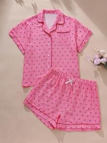 Conjunto de pijama de 2 piezas para mujer de talla grande con estampado de corazón pequeño, camisa con botones de manga corta y pantalones cortos, ropa informal para verano