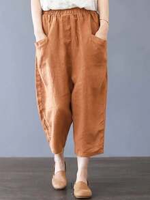 女士纯色休闲七分裤，带大口袋，夏季款 - 橘色 - 查看 3