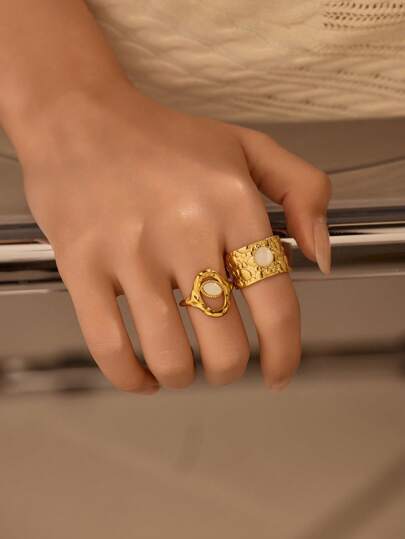 2pcs Stainless Steel Gold-Tone Oval & Round White Gemstone Rings Set, Suitable For Women's Daily Decoration Or Gift