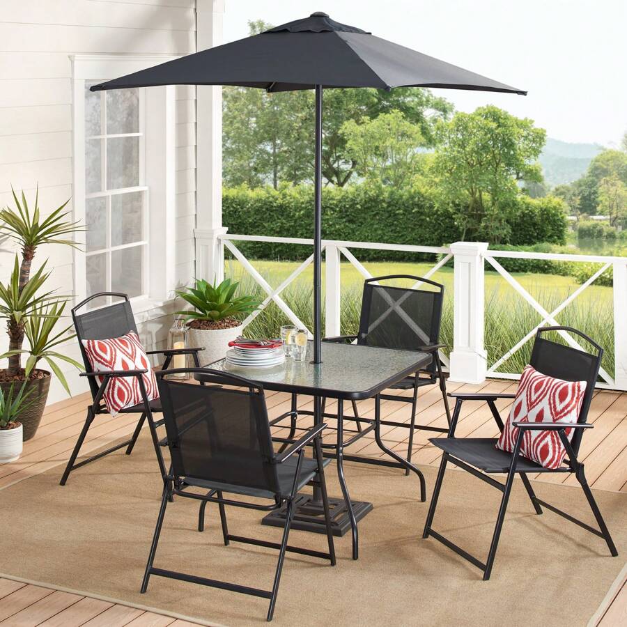 Juego de comedor para patio exterior de 6 piezas, color negro (base para sombrilla se vende por separado) - Negro - Ver 1