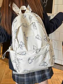 1pc White Nylon Casual Lightweight Butterfly Allover Print Large Capacity Foldable Water-Resistant Multipocket Zipper Backpack, Suitable For Teenagers, High School & College Students, Daily Commute, Travel, Graduation Gift