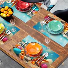 Juego de 4 piezas, juego de 6 piezas decoración de mesa de comedor para primavera, verano, vacaciones, serie oceánica, manteles individuales con estampado de conchas adecuados para decoración de mesa de fiesta en el hogar y cocina