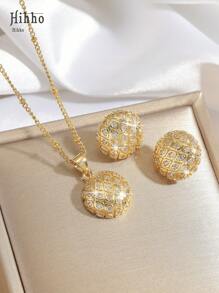 Hihho 3 件不锈钢链项链和方晶锆石镶嵌圆形吊坠项链和耳环套装，复古别致珠宝，日常佩戴，节日派对礼物（无礼盒） - 金黃色 - 查看 4