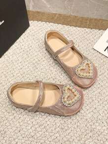Spring/Autumn Princess Shoes For Girls Aged 7-18, Pink Heart Design, Hook And Loop Closure, Shiny Mesh Vamp, Soft Bottom, Comfortable, Casual, Non-Slip And Wear-Resistant For Daily Life, School And Play - Pink - View 1