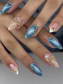 24 件长杏仁 3D 凝胶指甲，采用仿珍珠设计，打造蝴蝶结，法式尖头按压指甲，杏仁完美贴合亚克力假指甲套装，包含：1 件果冻胶和 1 件指甲锉，适合女士和女孩日常佩戴和派对使用美甲用品